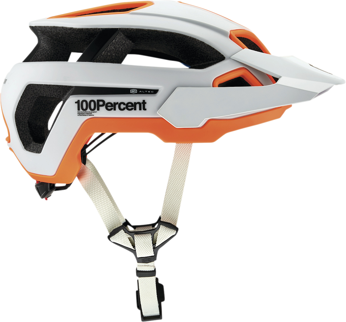 Light gray 100% Altec bicycle helmet with Fidlock buckle, CPSC/CE certified, size S/M, featuring ventilation and adjustable straps.