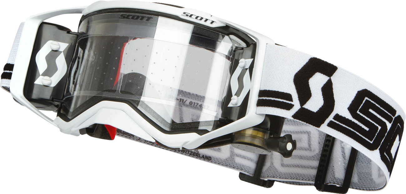 Scott Prospect Super WFS goggles in white and black with clear lenses, designed for motorcycle or motocross riding.