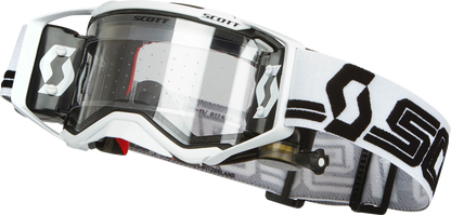 Scott Prospect Super WFS goggles in white and black with clear lenses, designed for motorcycle or motocross riding.