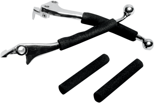 Bill's Exhausts SHOW CHROME foam engine lever grips installed on motorcycle engine for enhanced grip and style.