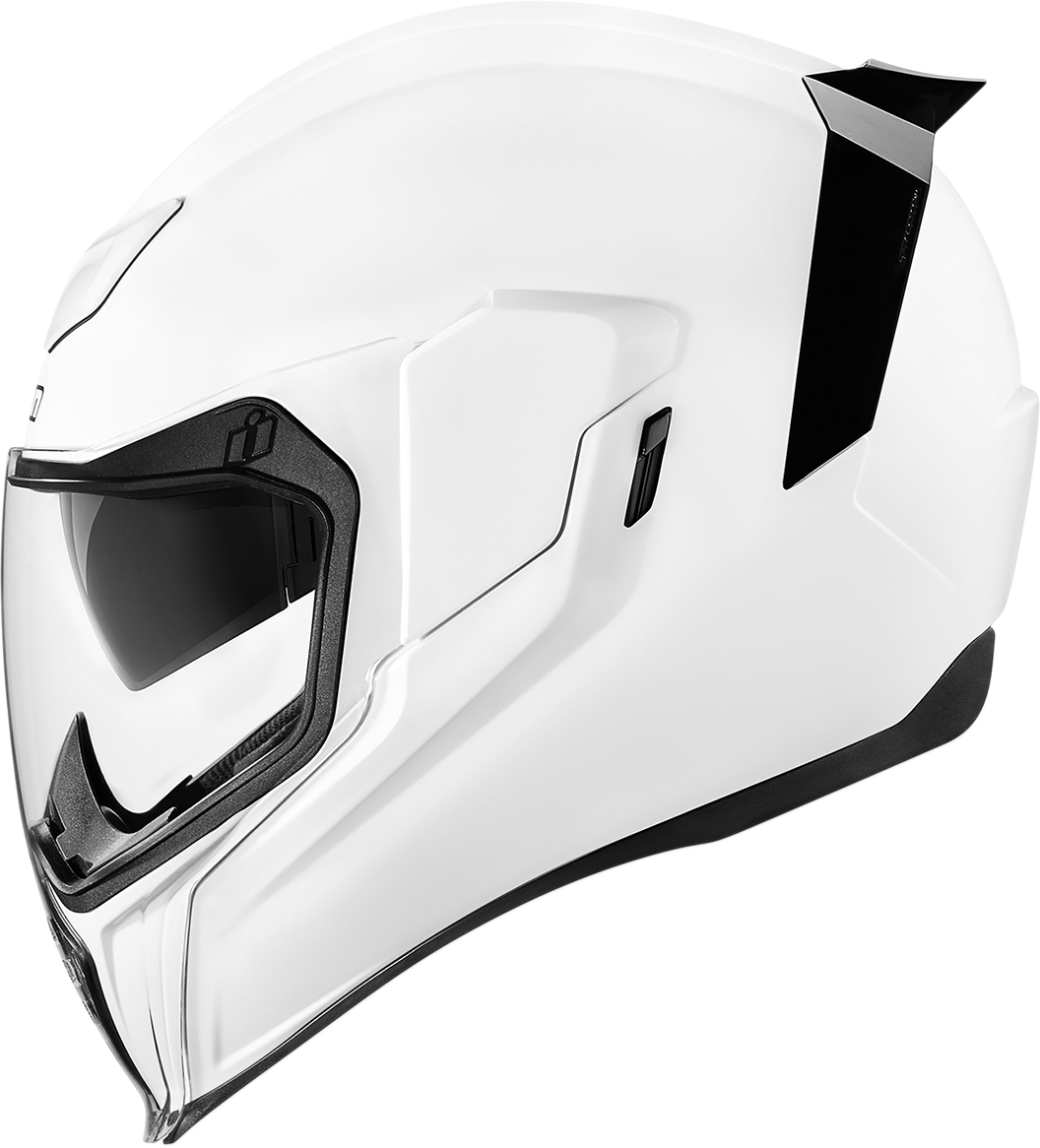 White glossy ICON Airflite helmet in medium size with aerodynamic design, featuring clear visor and ventilation vents.
