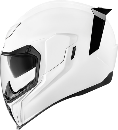 White glossy ICON Airflite helmet in medium size with aerodynamic design, featuring clear visor and ventilation vents.