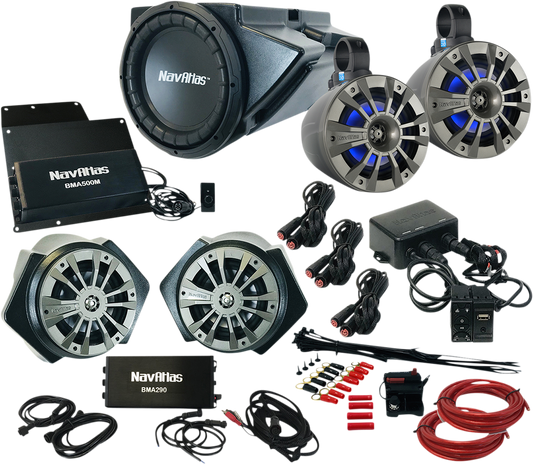 Bill's Exhausts NAVATLAS Zone 4 RZR RZR2 speaker kit with rugged, weather-resistant speakers for off-road audio.