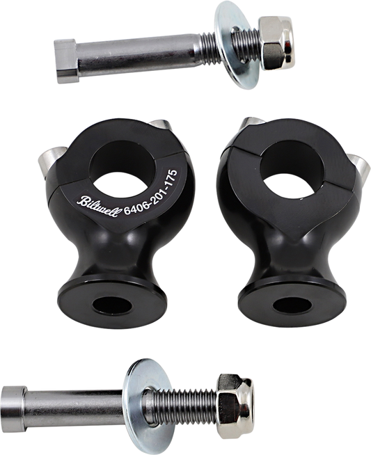 Black BILTWell Slimline 7/8" handlebar risers from Bill's Exhausts, designed for motorcycle handlebars, shown with mounting details.