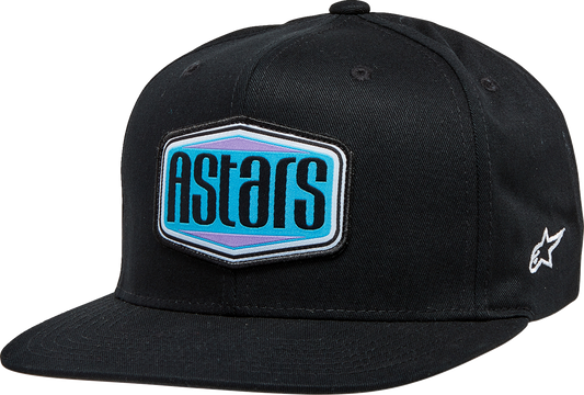 Black Alpinstars Belvedere flat bill hat with curved brim and adjustable strap, displayed on a neutral background.