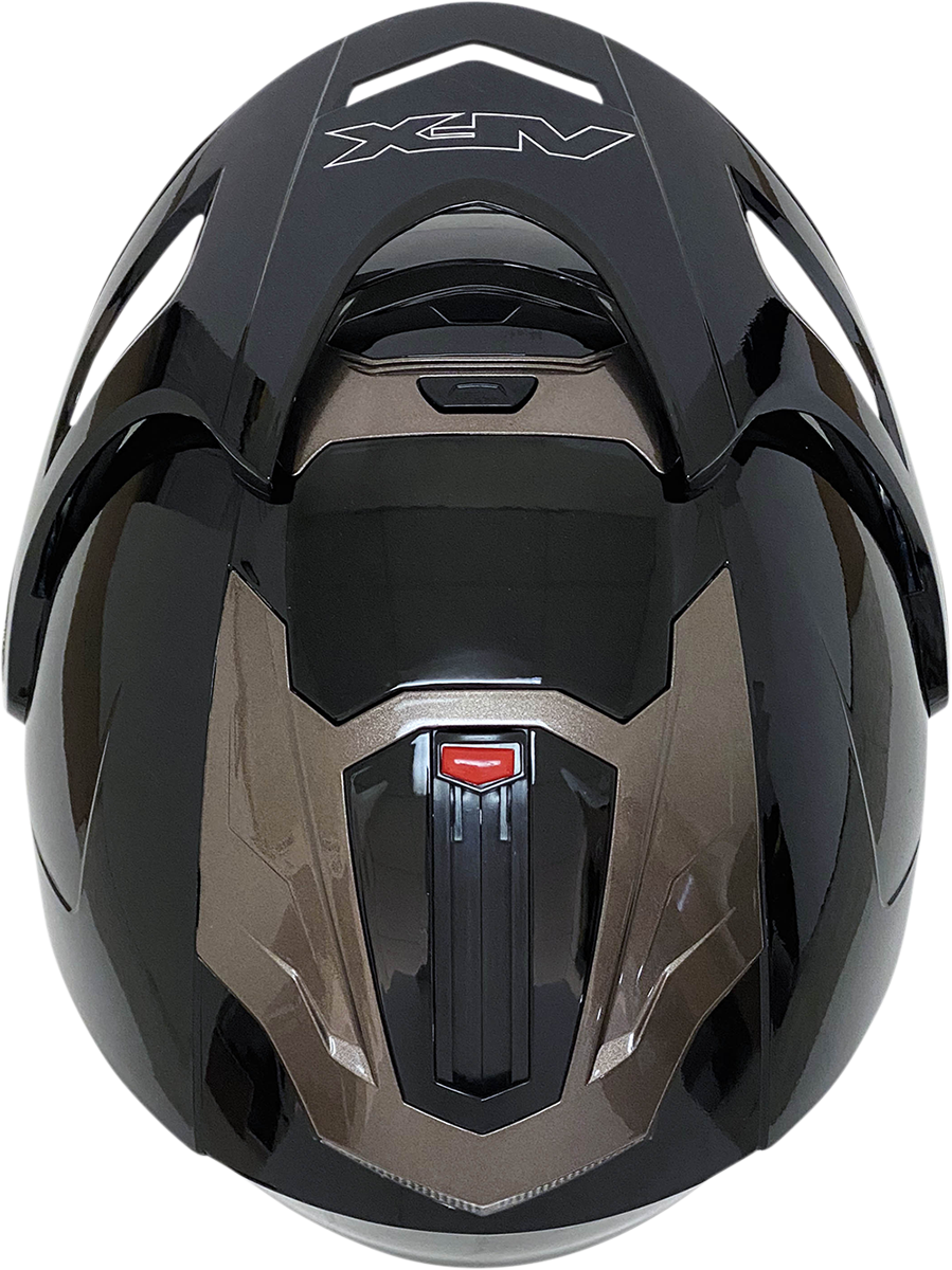 Gloss black AFX FX-50 Peak helmet with sleek design, featuring vents and aerodynamic shape, displayed in profile view.