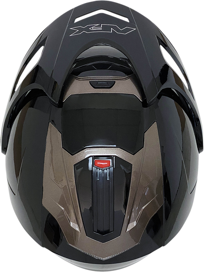 Gloss black AFX FX-50 Peak helmet with sleek design, featuring vents and aerodynamic shape, displayed in profile view.