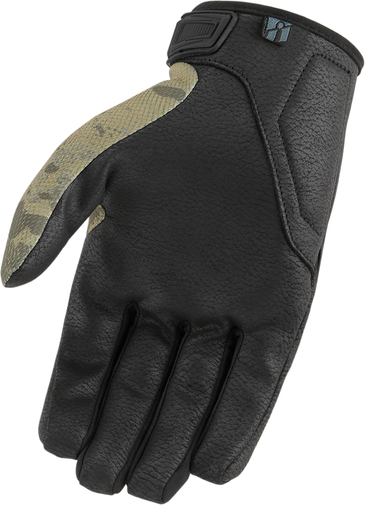 Bill's Exhausts ICON Hooligan™ CE gloves in tan camo, 2XL size, showing rugged textured fabric and reinforced palm areas.