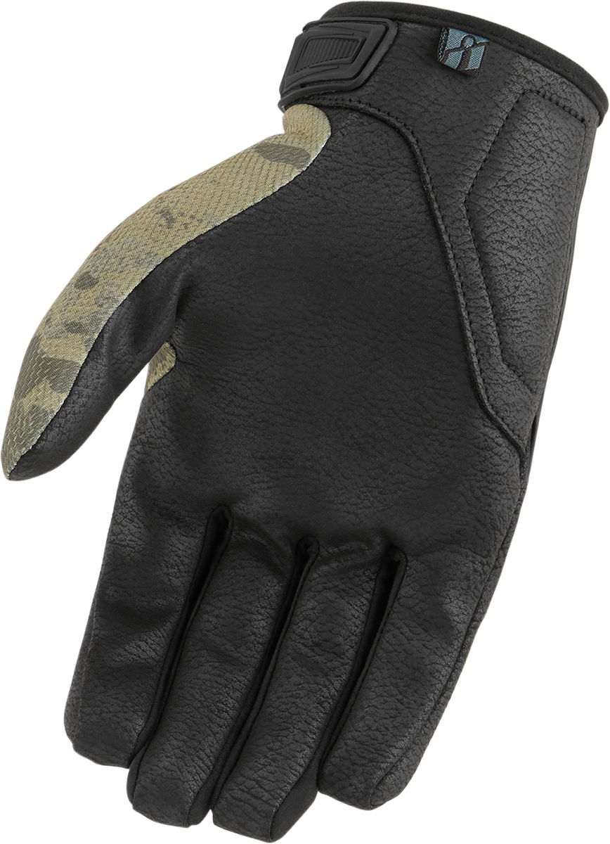 Bill's Exhausts ICON Hooligan™ CE Gloves in tan camo, medium size, showing the durable fabric and camouflage pattern.