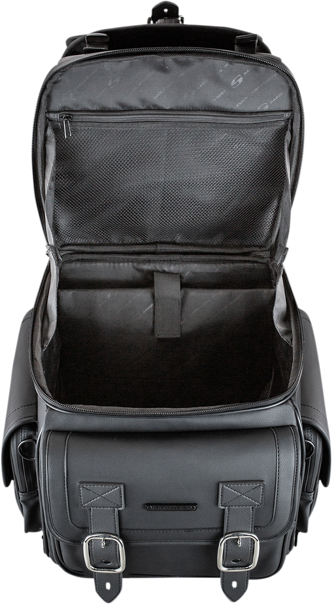 Black Saddlemens BR3400D Sissy Bar Bag mounted on a motorcycle seat, designed for secure storage and style.
