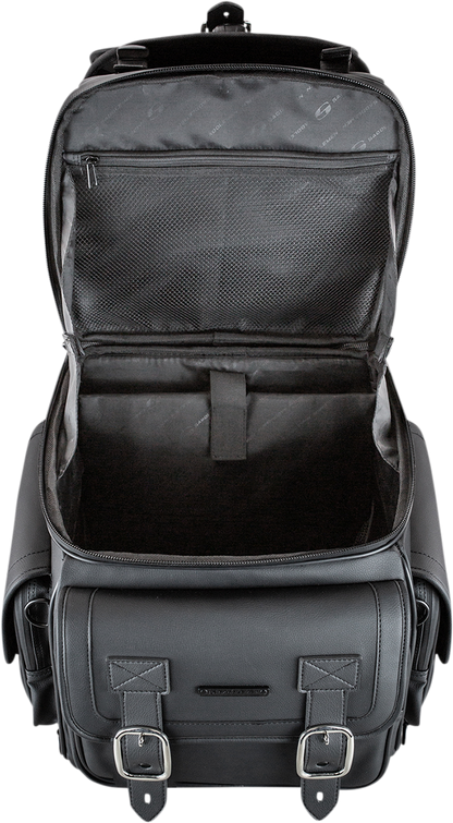Black Saddlemens BR3400D Sissy Bar Bag mounted on a motorcycle seat, designed for secure storage and style.