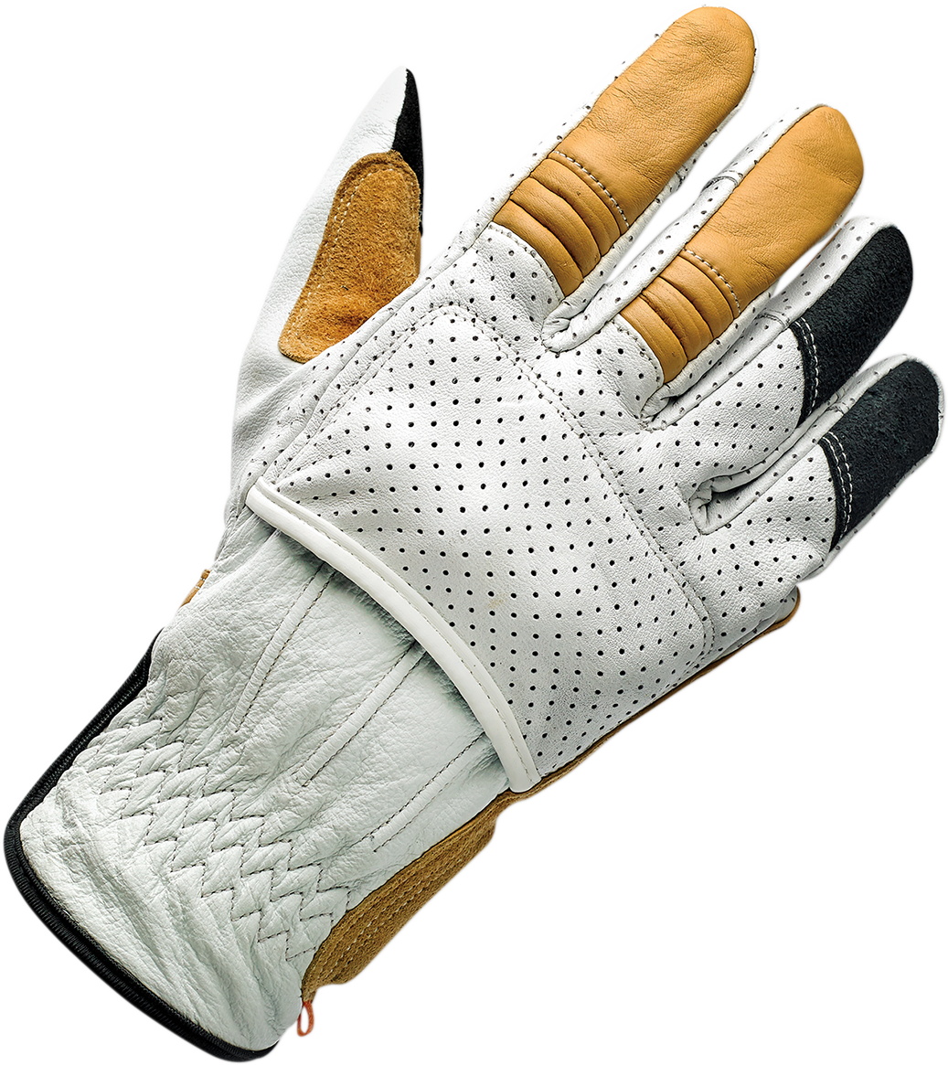BILTWELL Borrego Gloves in cement color, medium size, durable motorcycle gloves with protective features, branded by Bill's Exhausts.