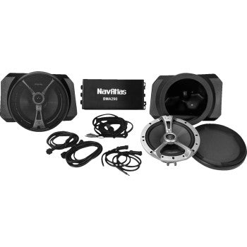 Bill's Exhausts NAVATLAS 6.5-inch Kick Panel Speaker Kit for Ranger 2022-2023, showing black speaker components installed in vehicle.