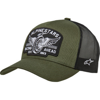 Bill's Exhausts Alpinstars Heritage Patch Trucker Hat in black and military, featuring a detailed patch design on the front.