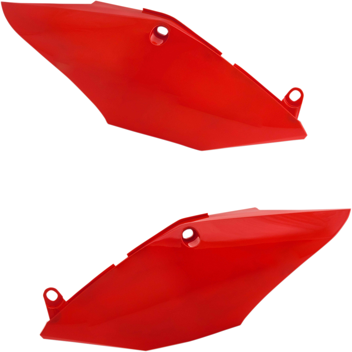 Red Acerbis side panels for motorcycle body, featuring brand details and designed for durability and style.