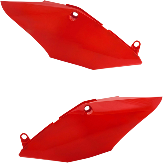 Red Acerbis side panels for motorcycle body, featuring brand details and designed for durability and style.