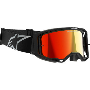 Alpinestars Vision 8 Goggle in black with red mirror lenses, designed for motorcycle riding, featuring a sleek, aerodynamic goggles profile.