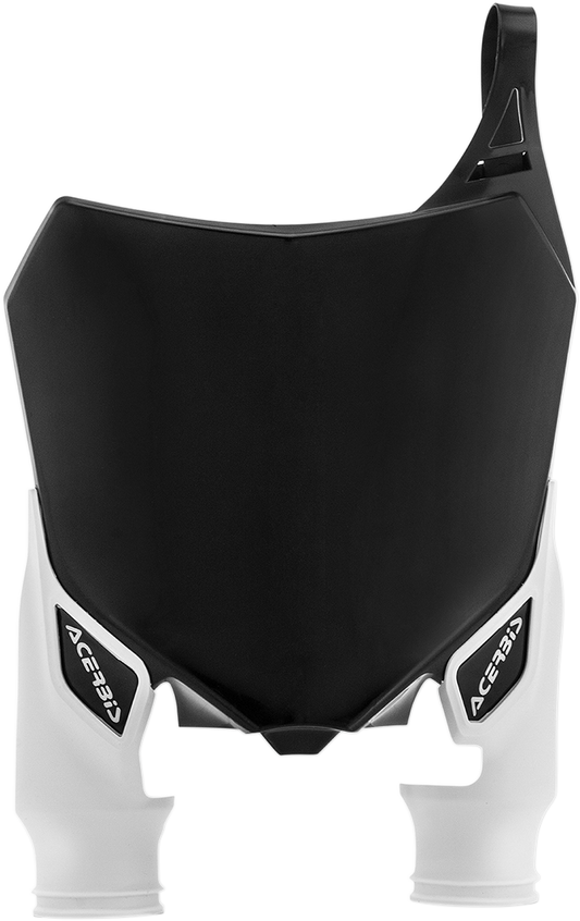 Acerbis Raptor number plate in black and white for motorcycle body, featuring the Acerbis logo and mounting holes.