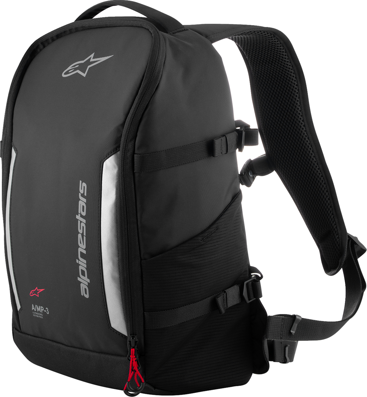 Black ALPINESTARS Amp-3 backpack with multiple compartments and padded straps, designed for versatile everyday use.
