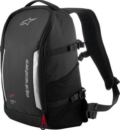 Black ALPINESTARS Amp-3 backpack with multiple compartments and padded straps, designed for versatile everyday use.