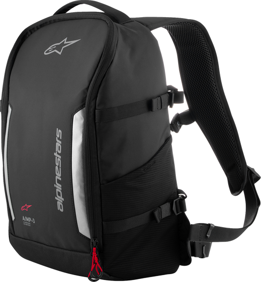 Black ALPINESTARS Amp-3 backpack with multiple compartments and padded straps, designed for versatile everyday use.