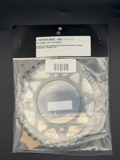 Superlite RS7 Series 420 pitch steel rear sprocket for Honda CRF110 motorcycle, showing the sprocket's teeth and polished finish.