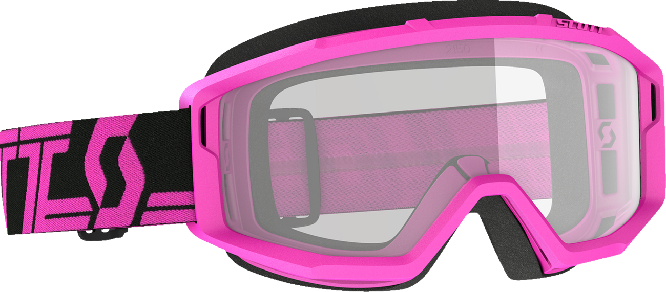 Scott Primal Goggles by Bill's Exhausts in pink and black with clear lenses, designed for motorcycle or sports use.