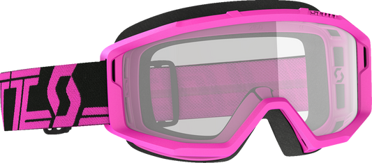 Scott Primal Goggles by Bill's Exhausts in pink and black with clear lenses, designed for motorcycle or sports use.