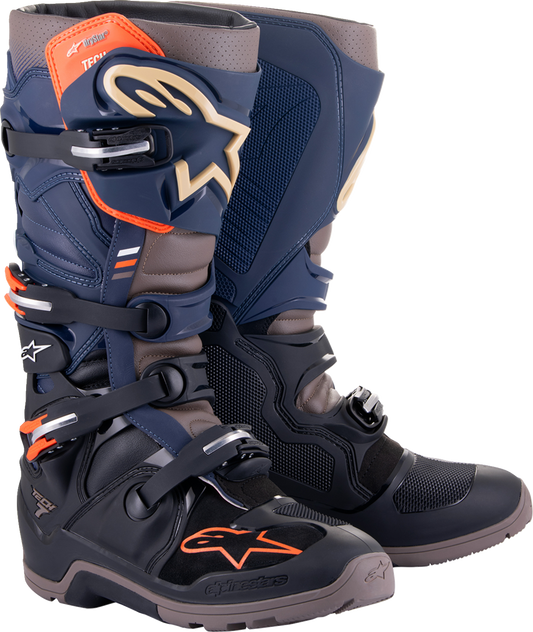 Alpinestars Tech 7 Enduro Drystar boots in navy and gray, US 12, featuring rugged design and protective features for off-road riding.