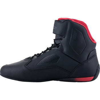 Alpinestars Faster-3 Rideknit® shoes in black, red, and yellow with US 12.5 size, showcasing sporty design and breathable material.