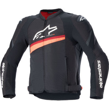 Alpinestars T-GP Plus R v4 Airflow motorcycle jacket in black and red fluo, with protective armor and ventilated design.