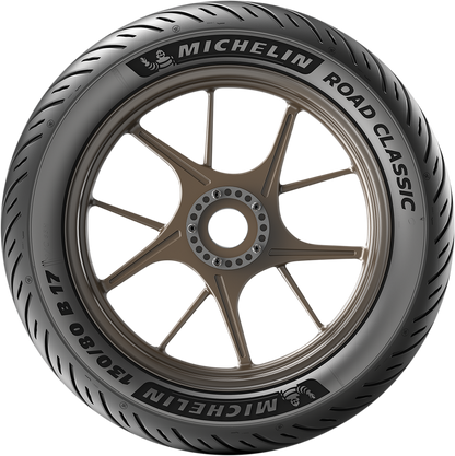 Michelin Road Classic rear motorcycle tire 140/80B17 69V with tread pattern, sidewall details, and branding visible.