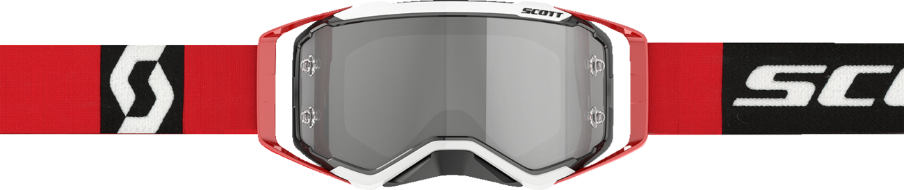 Scott Prospect motorcycle goggles in red and black with silver chrome accents, designed for comfortable fit and clear vision.