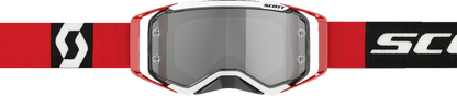 Scott Prospect motorcycle goggles in red and black with silver chrome accents, designed for comfortable fit and clear vision.