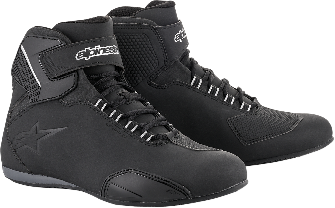 Alpinestars Sektor Waterproof Boots in US 13, black motorcycle riding boots with waterproof features and sturdy design.