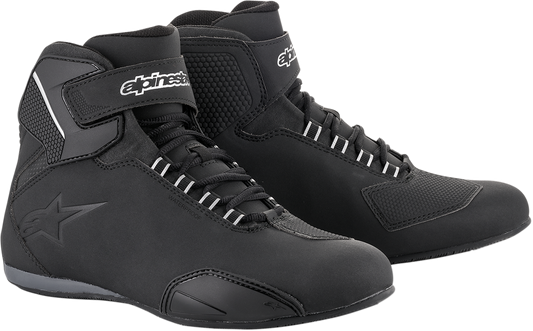 Alpinestars Sektor waterproof motorcycle boots in black, US 13 size, featuring sturdy design and protective features.