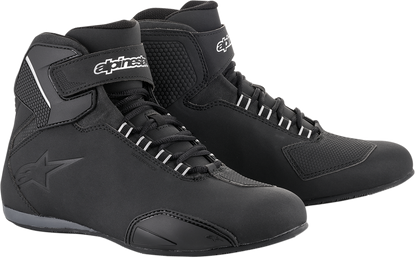 Alpinestars Sektor waterproof shoes in US 12, black and gray motorcycle footwear with sturdy construction and waterproof features.