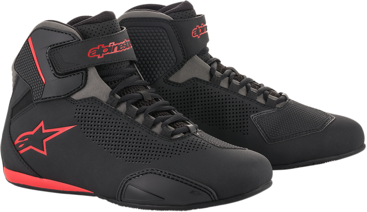 Alpinestars Sektor Vented Shoes in black, gray, and red, US size 8, featuring breathable design and sporty style.