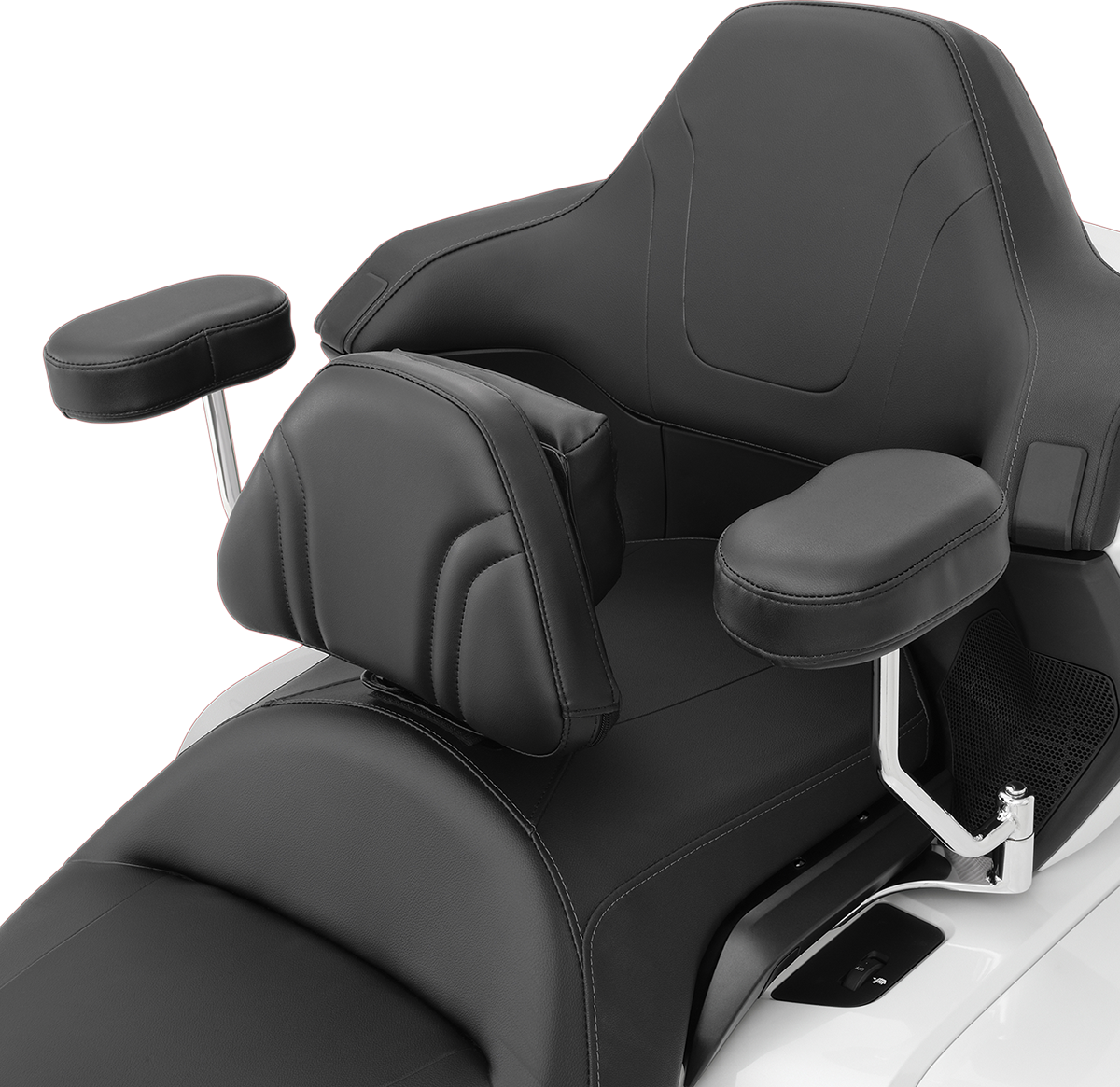 Chrome passenger armrest for Honda GL1800 motorcycle, part of the SHOW CHROME Deluxe series by Bill's Exhausts.