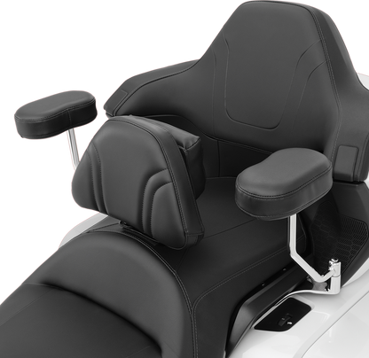 Chrome passenger armrest for Honda GL1800 motorcycle, part of the SHOW CHROME Deluxe series by Bill's Exhausts.