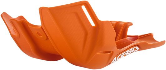A bright orange Acerbis skid plate designed for Husqvarna and KTM motorcycles, mounted on a dirt bike frame.
