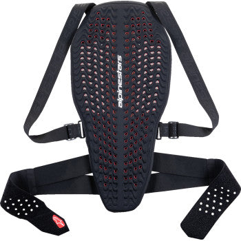 Alpinestars Nucleon Plasma back protector in black, white, and red, large size, shown with adjustable straps and protective padding.