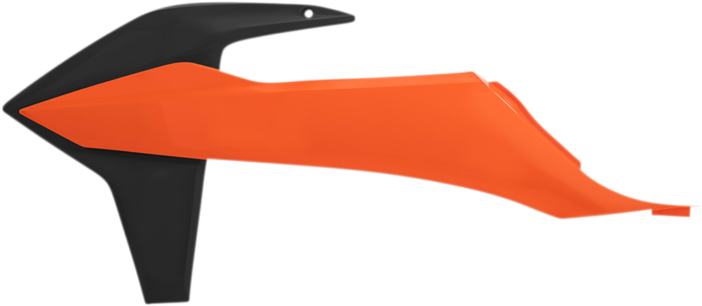 Acerbis orange and black radiator shroud for motorcycle, body part with vented design, installed on bike.