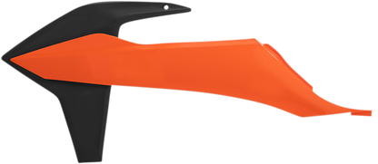 Acerbis orange and black radiator shroud for motorcycle, body part with vented design, installed on bike.