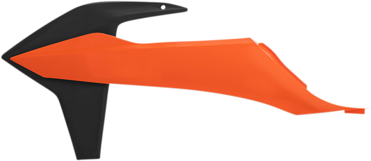 Acerbis orange and black radiator shroud for motorcycle, body part with vented design, installed on bike.