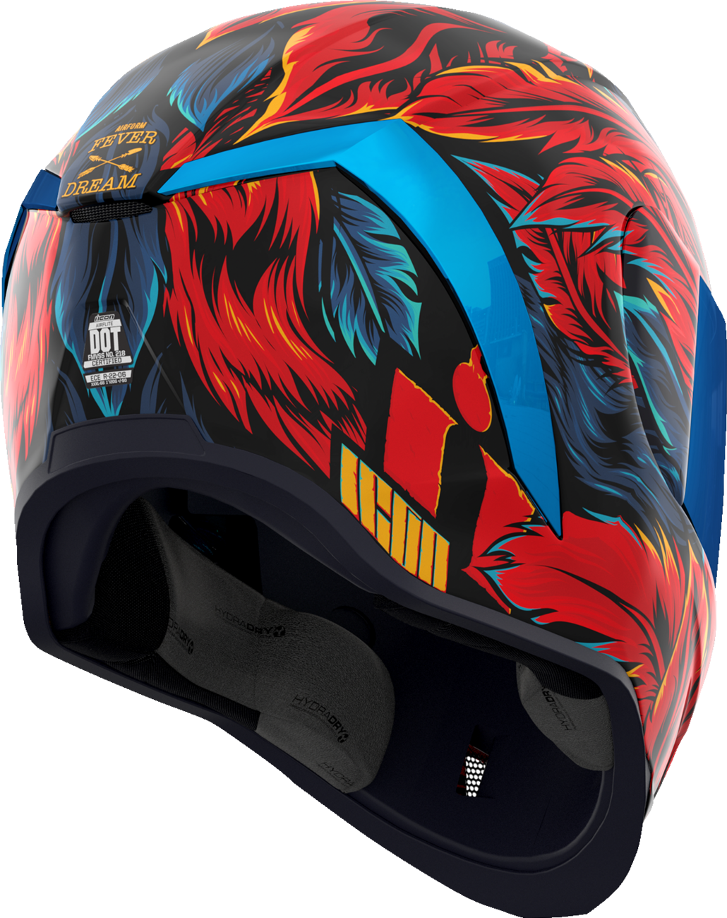 Blue ICON Airform™ Helmet Fever Dream design in 2XL size, featuring sleek aerodynamic shape and ventilation for motorcycle riding.