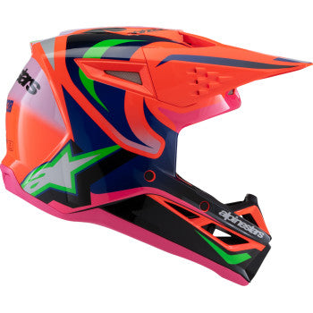 Alpinestars Youth SM3 Deegan helmet in gloss orange fluo, purple, and pink fluo with ventilation vents and adjustable strap.