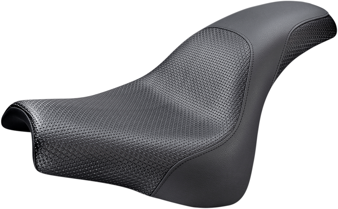 Black SADDLEMEN Profiler basket-weave motorcycle seat with detailed stitching, designed for comfort and style.