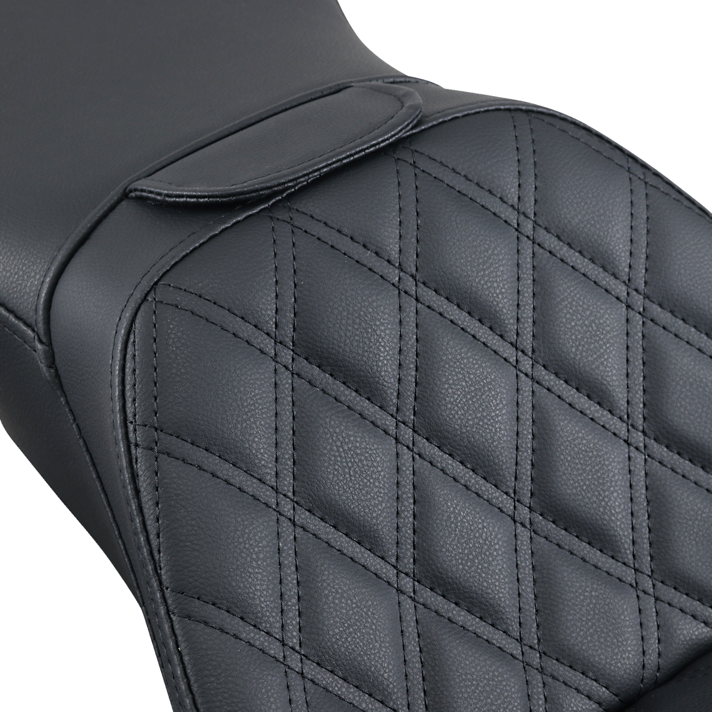 Black SADDLEMEN Explorer motorcycle seat with backrest and lattice stitching, designed for FLSTN models.