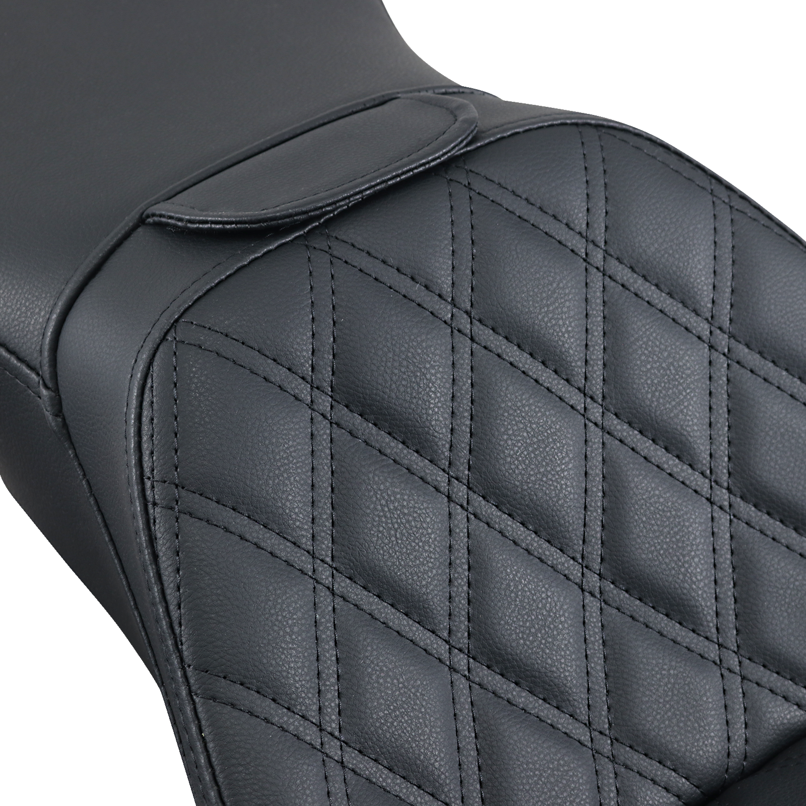 Black SADDLEMEN Explorer motorcycle seat with backrest and lattice stitching, designed for FLSTN models.